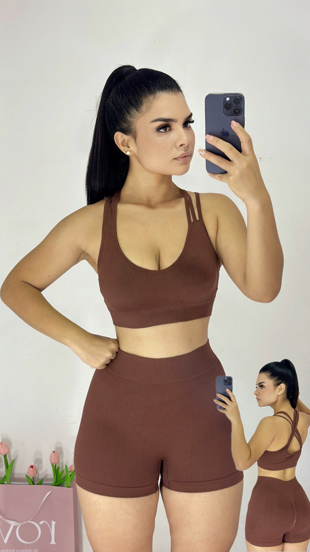 Set Deportivo top + licra corta. Café