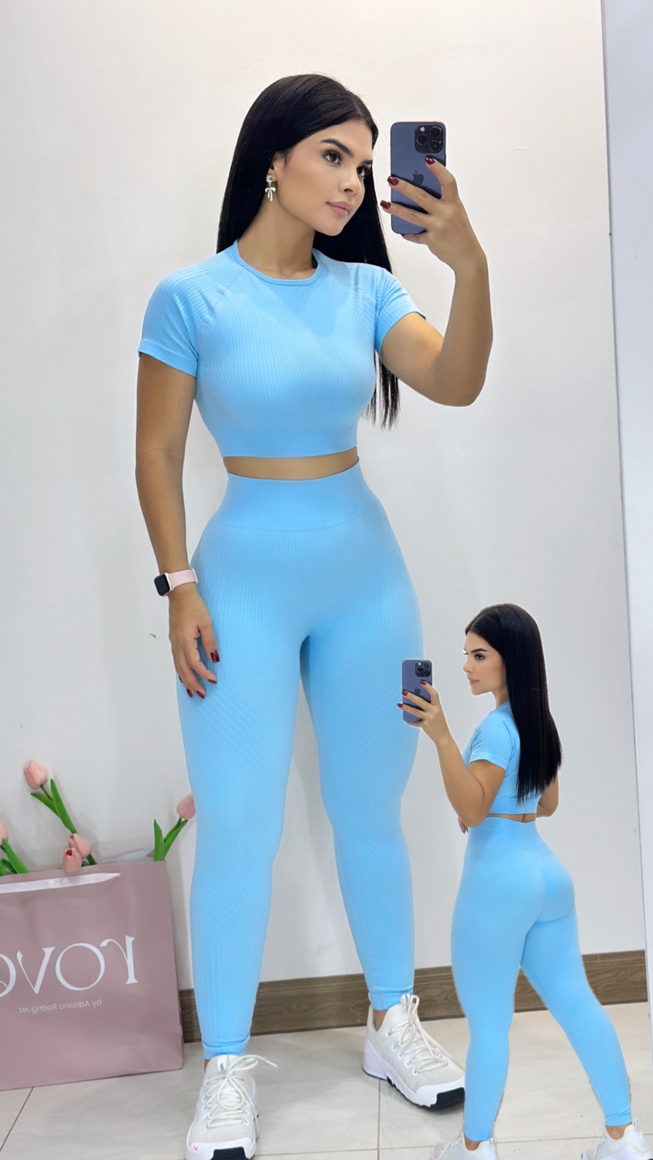 Set deportivo - licra larga + top con mangas - Celeste