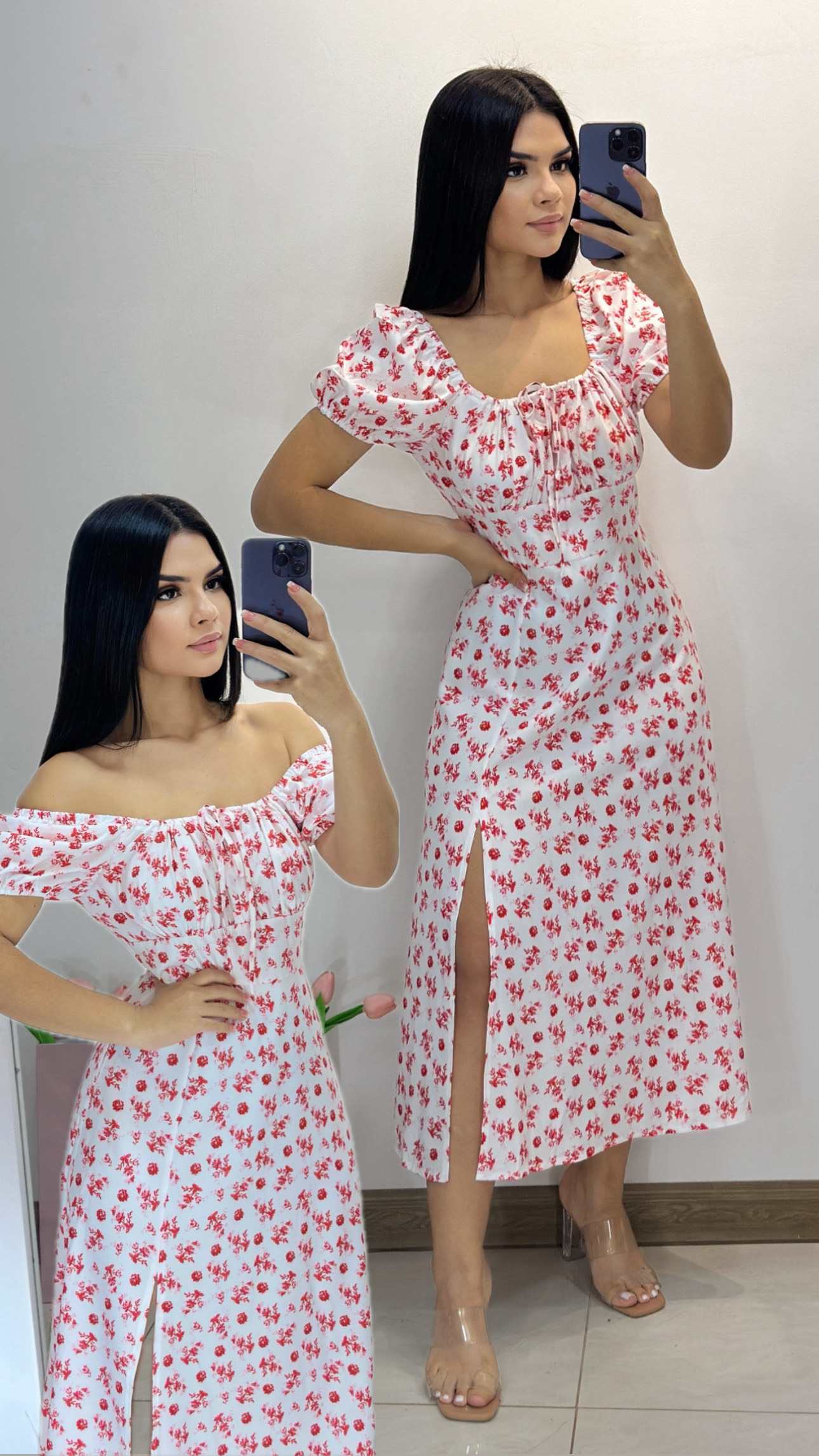 Vestido midi estilo Santorini - Blanco con naranja