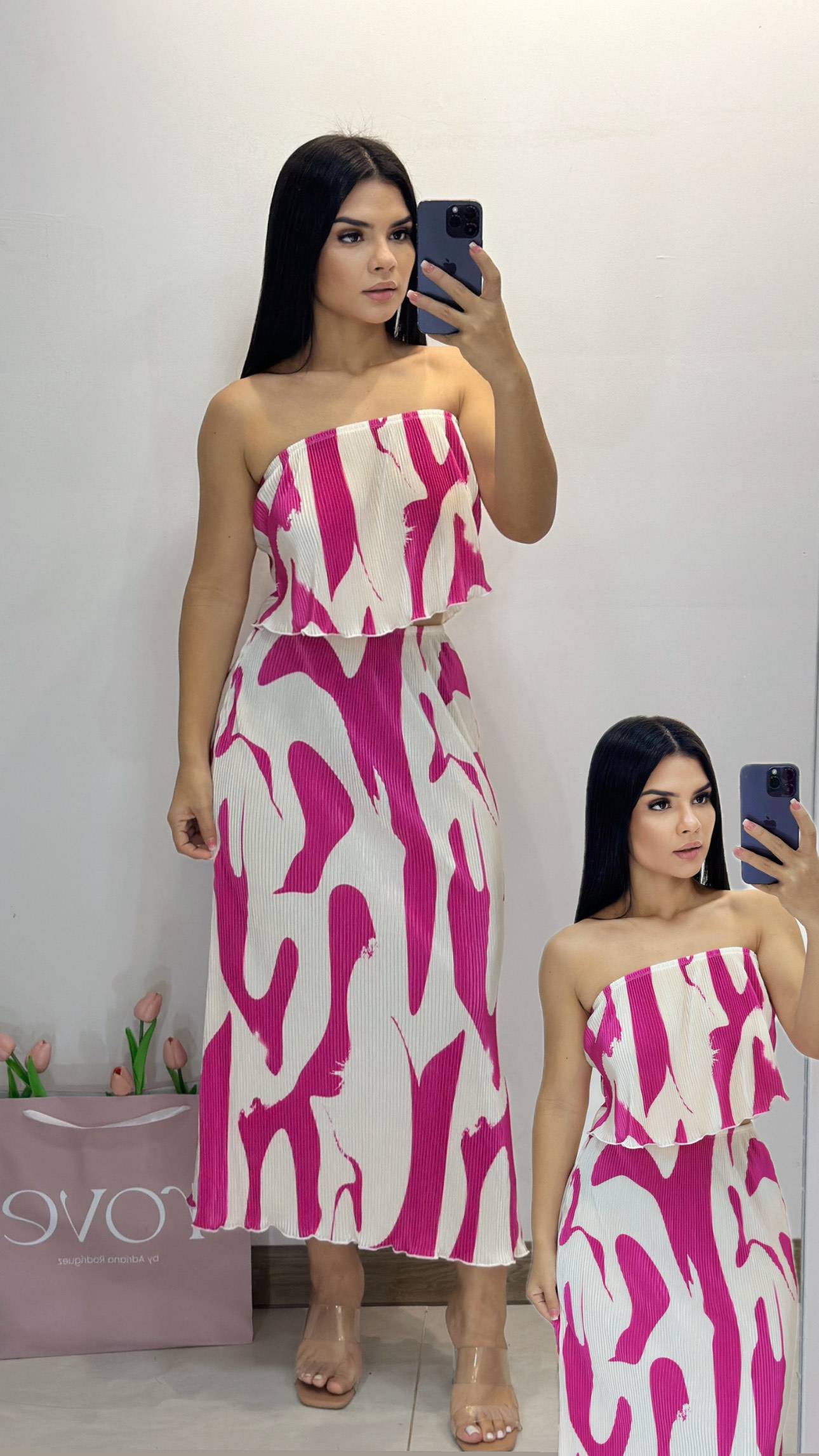 Conjunto top tubo + falda midi - Rosa con blanco