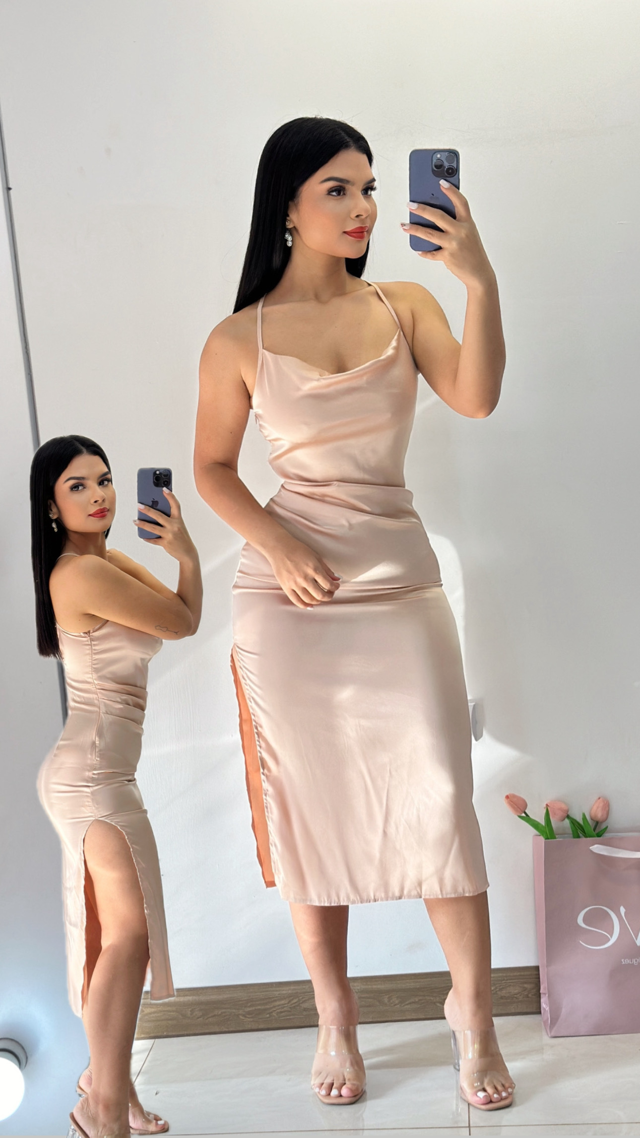 Vestido midi de satén de tirantes - Champan