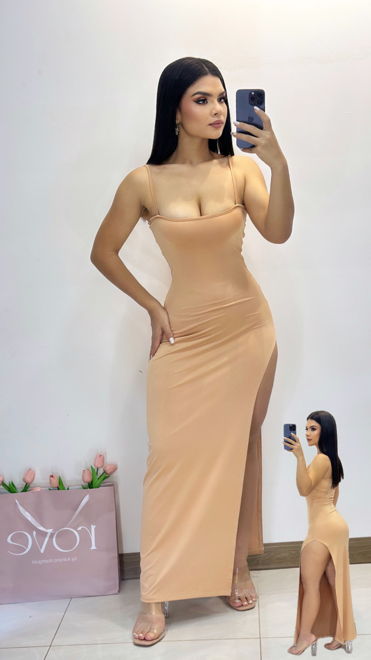 Vestido largo con abertura de tirantes  - Caqui