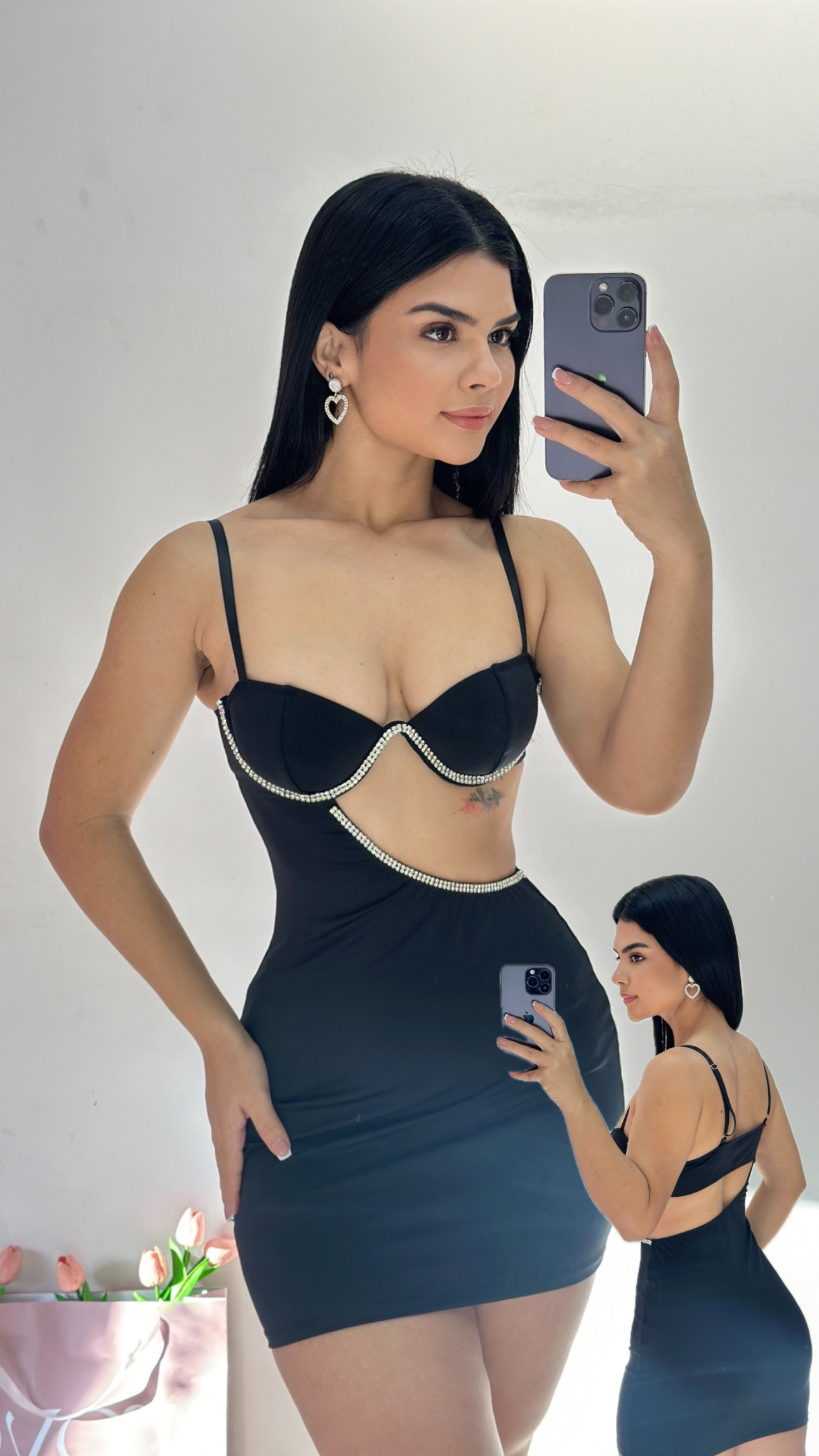 Vestido corto con abertura en cintura con plateado - Negro