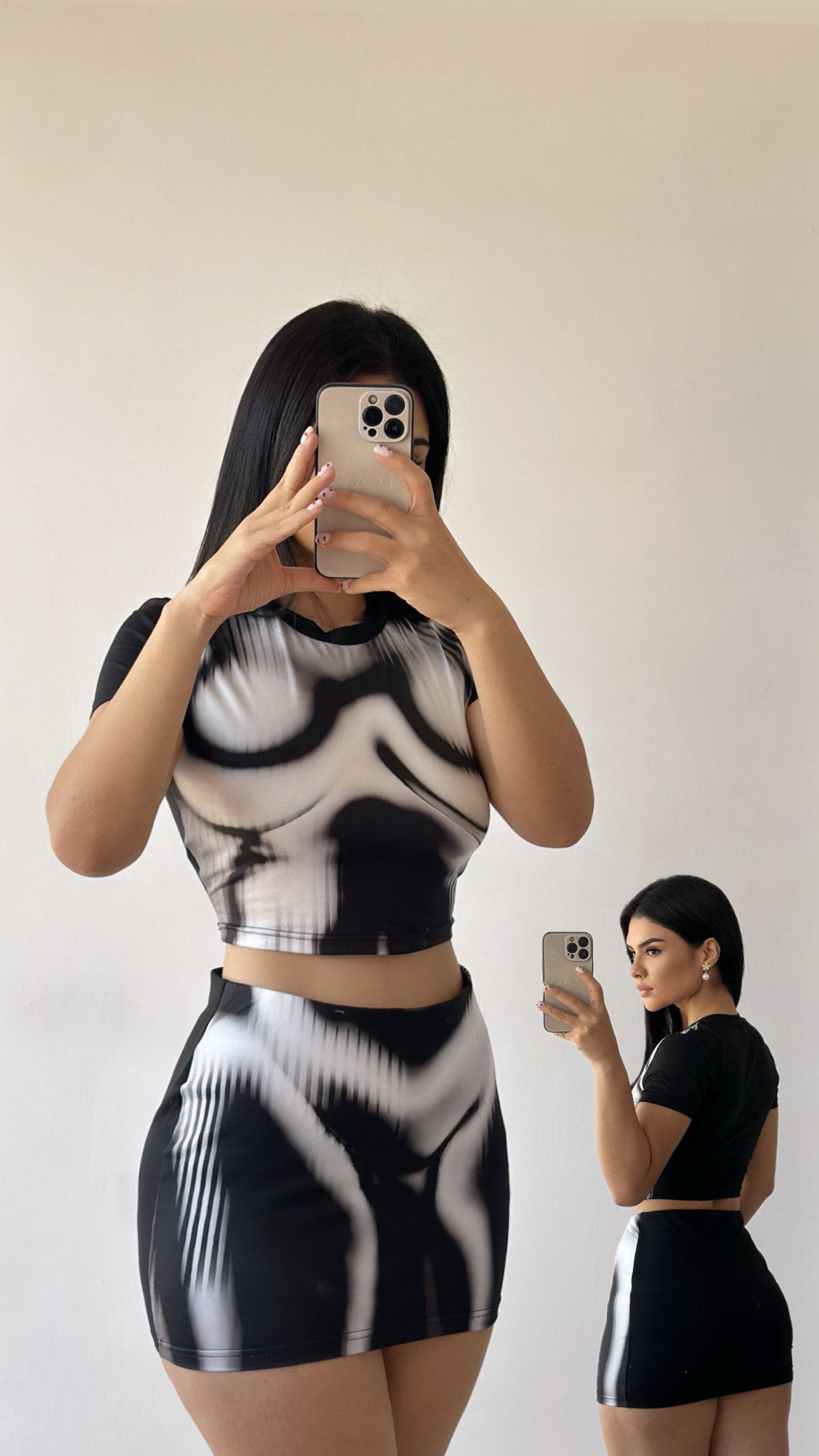 Conjunto de Croptop con mangas + Falda  - Negro con blanco