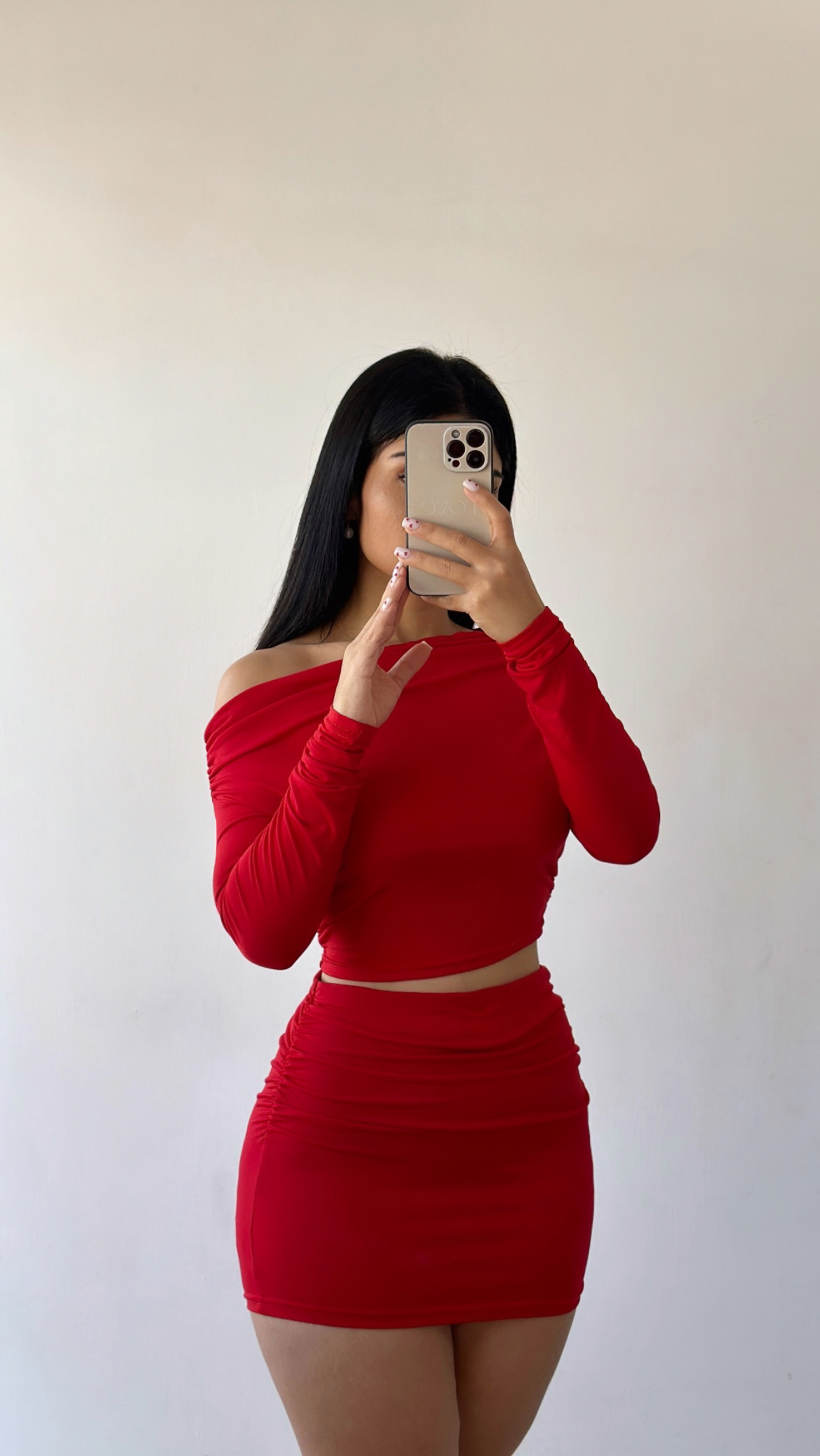 Conjunto croptop manga larga + minifalda - Roja
