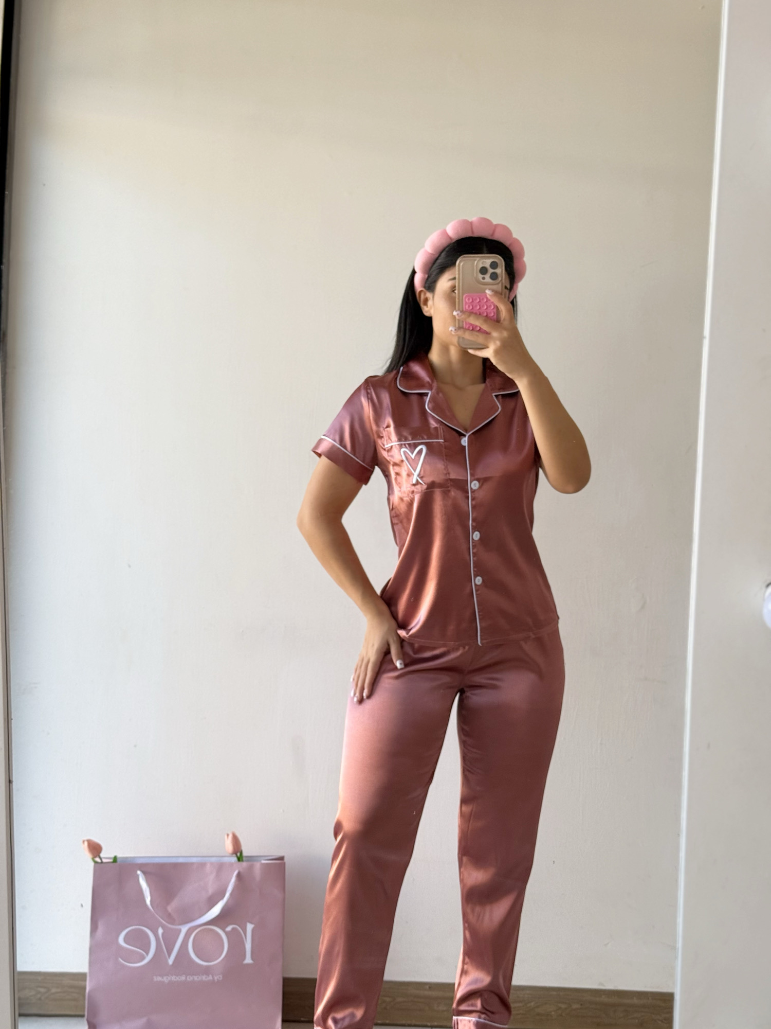 Pijama de pantalon saten /  Rosa vieja