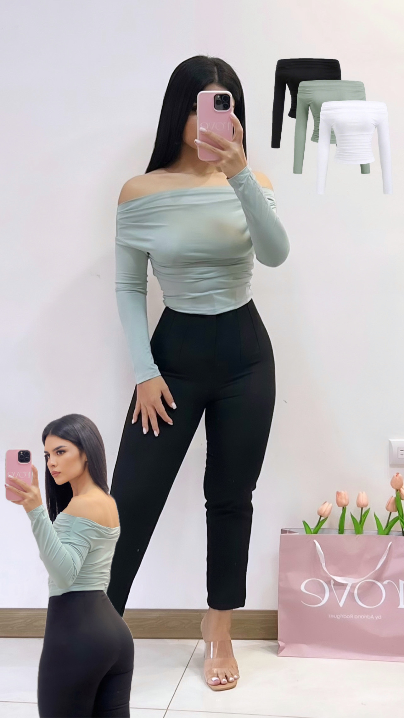 Blusa offshoulder manga larga recogida - VERDECITA