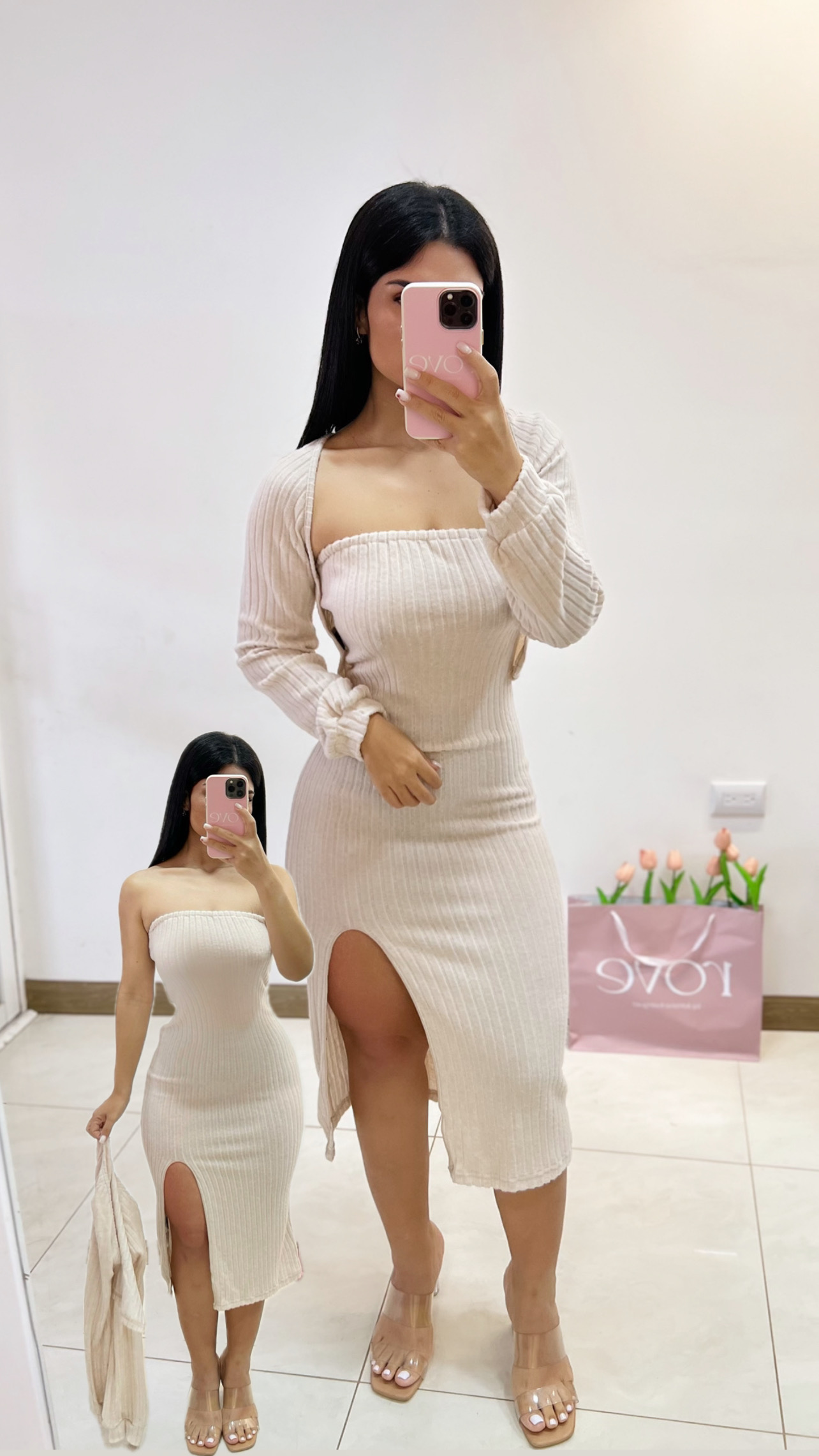 Vestido MIDI con abertura + suéter - Crema