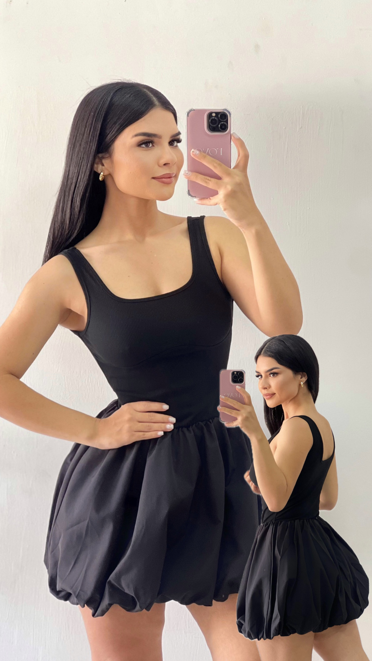 Vestido corto efecto globo - Negro