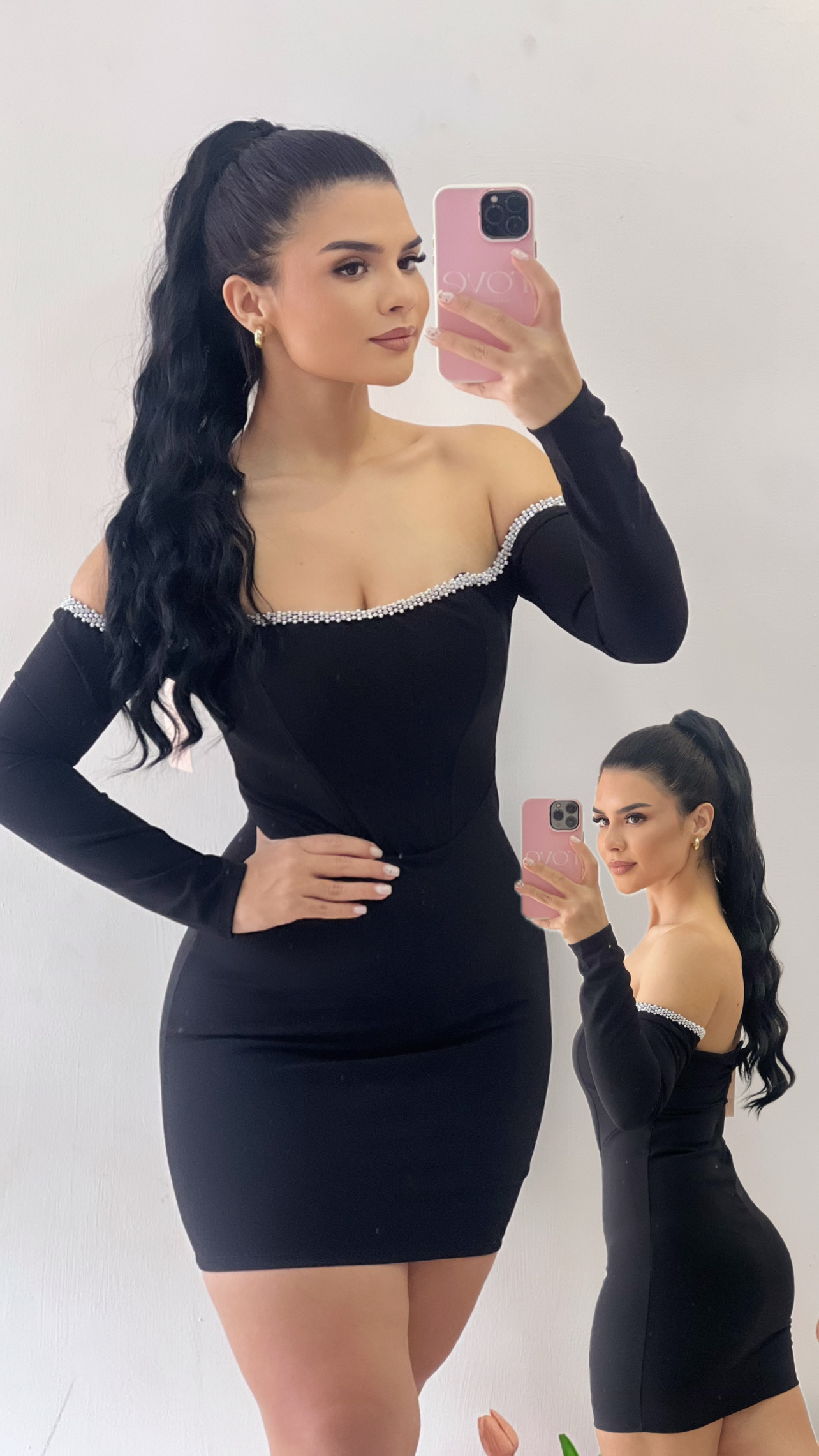 Vestido corto manga larga con perlas - Negro