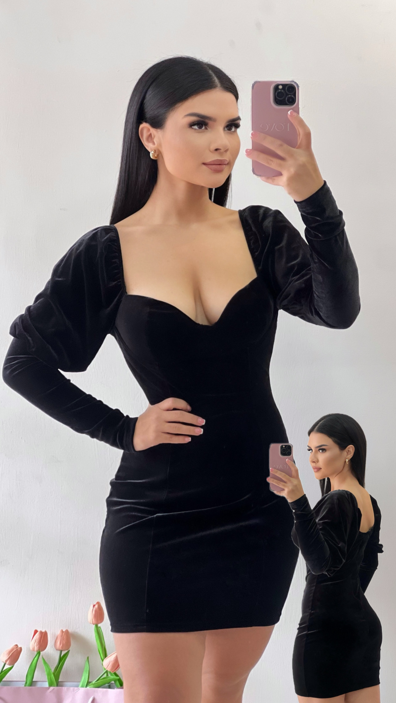 Vestido corto terciopelo manga larga - Negro