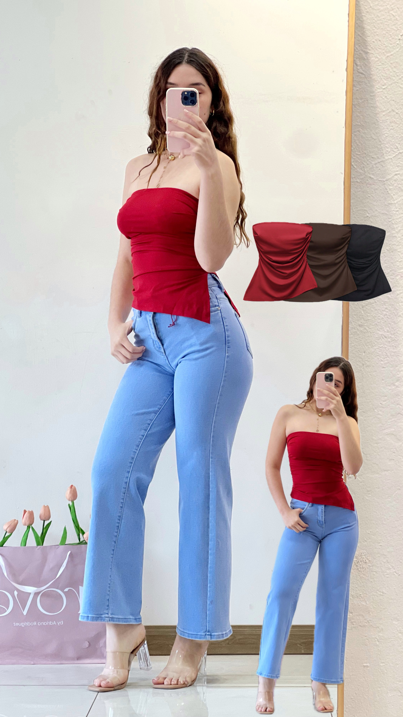 Blusa strapless con abertura - Rojo