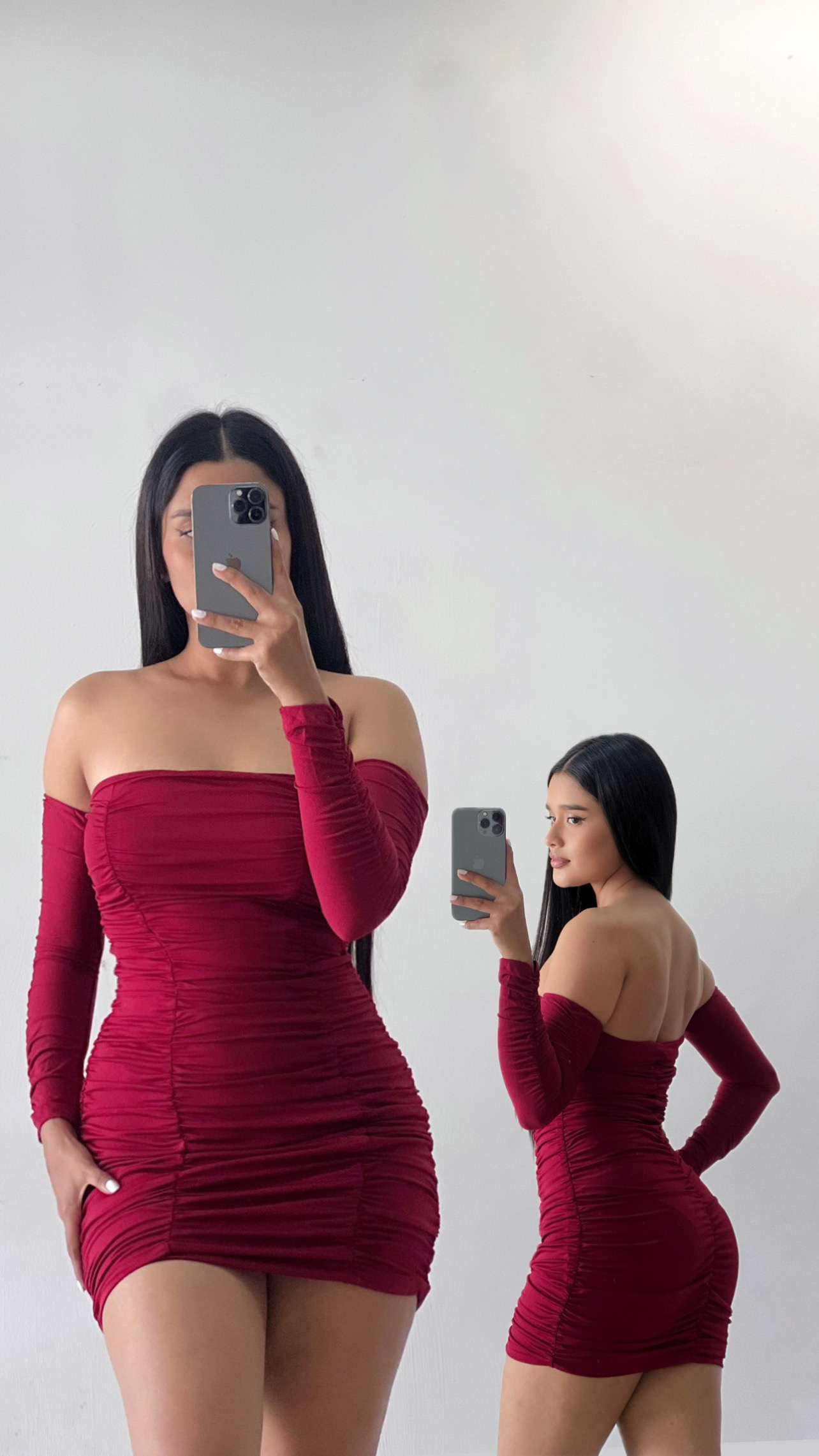 Vestido corto recogido offshoulder - Rojo vino