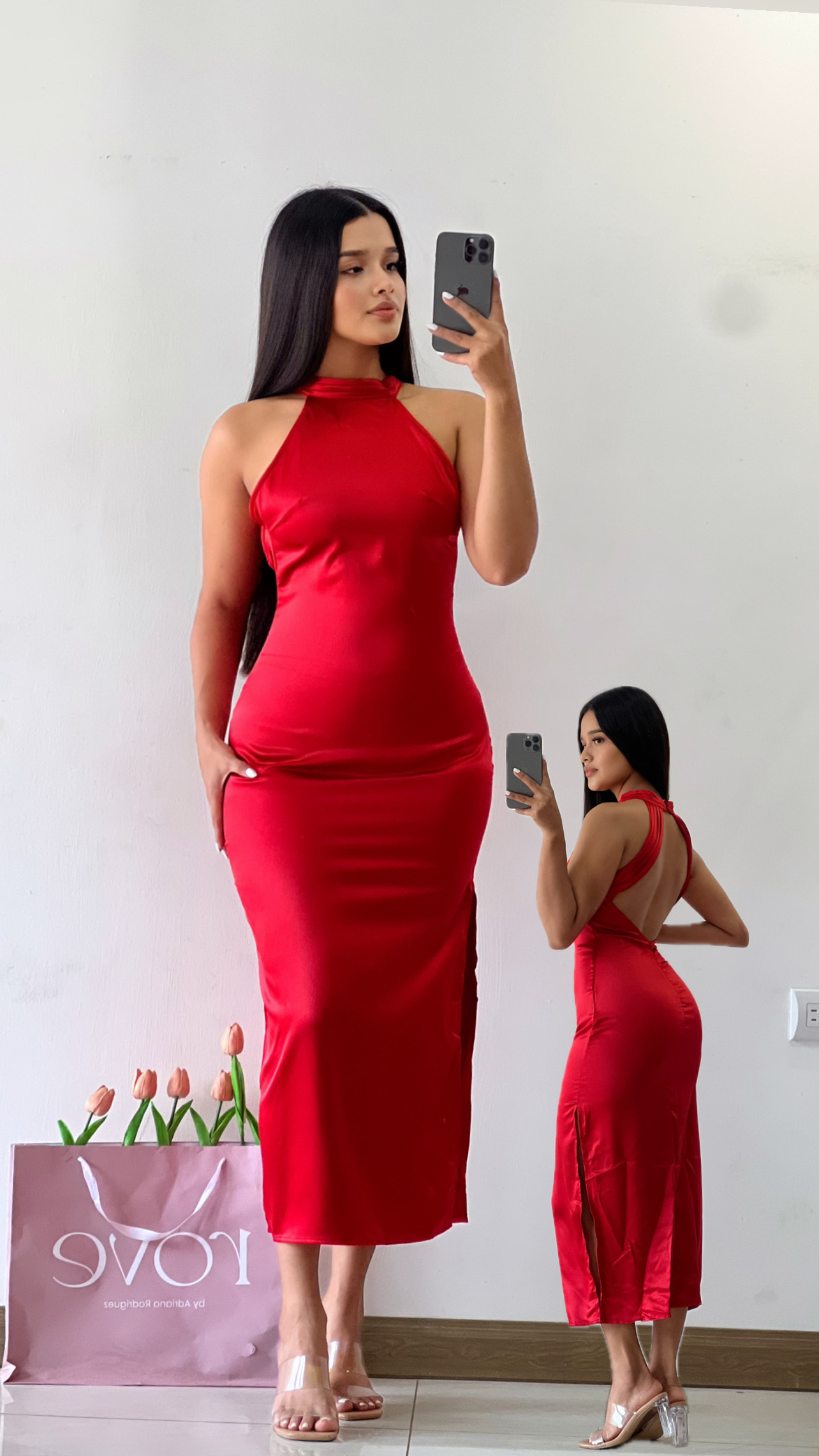 Vestido midi saten halter espalda ABIERTA