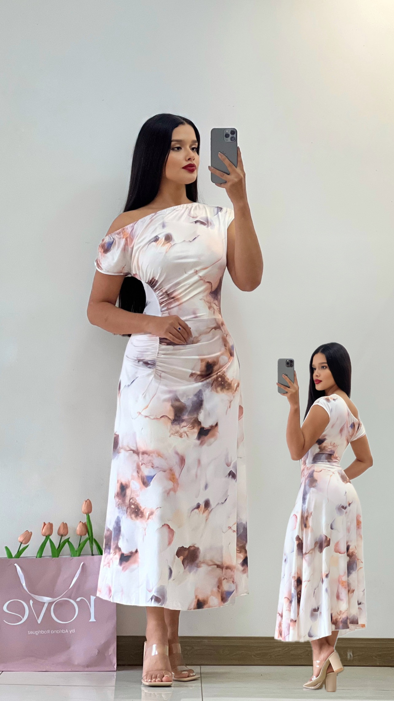 Vestido largo efecto marmol con mangas