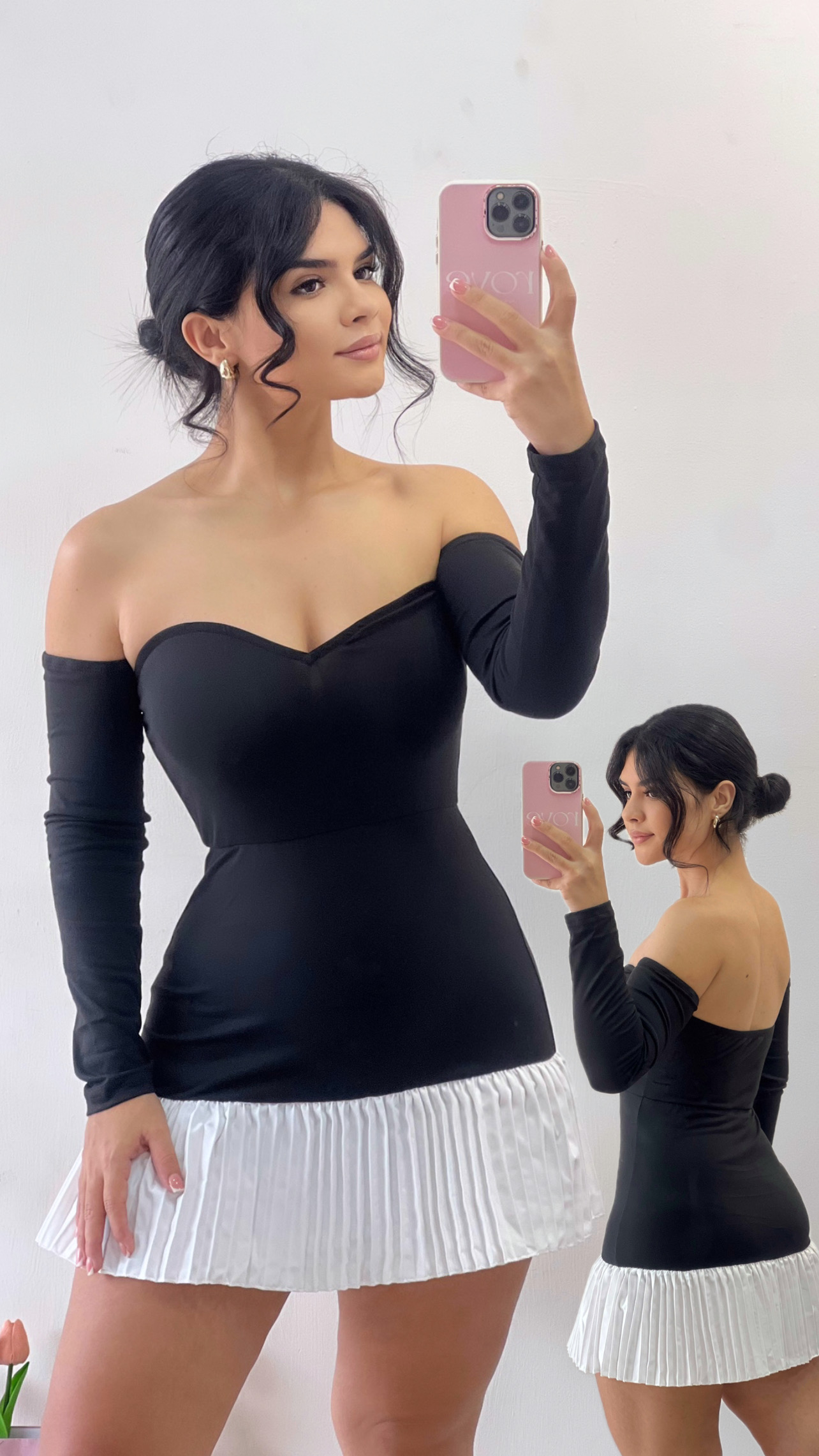 Vestido corto con plisado/ Negro y blanco