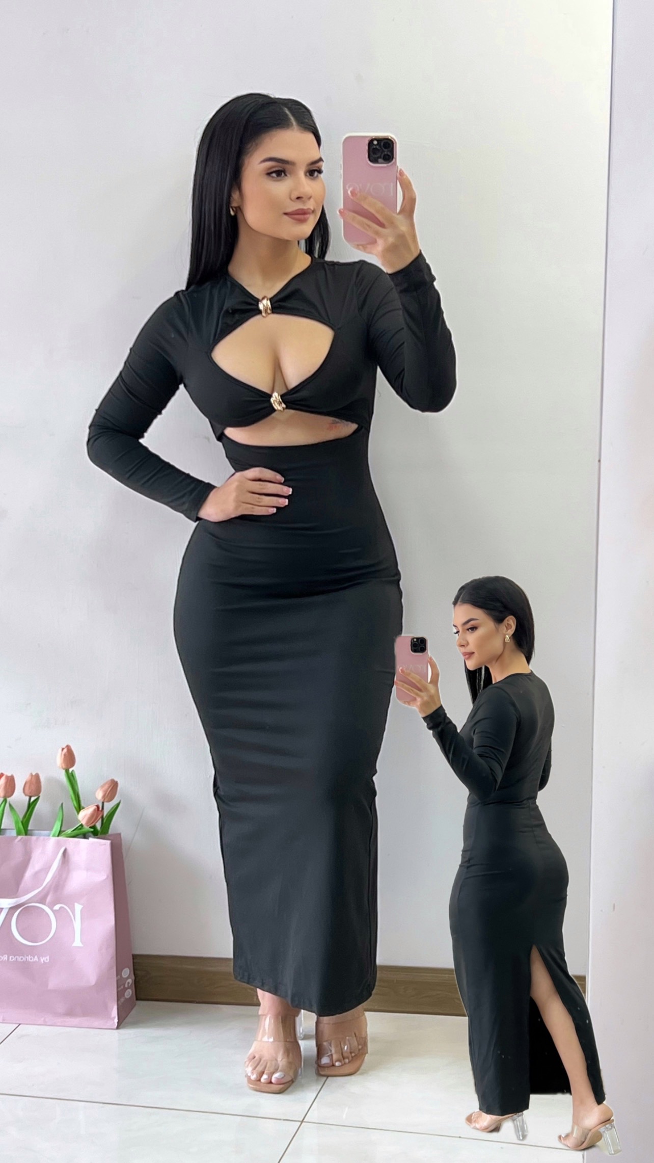 Vestido largo accesorios dorado - aberturas negro