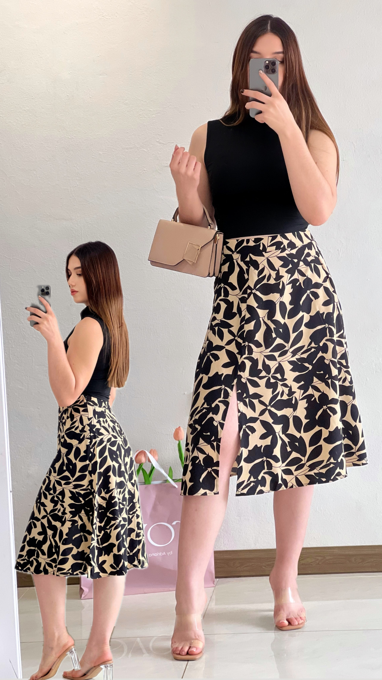 Conjunto de falda MIDI + top crema con negro