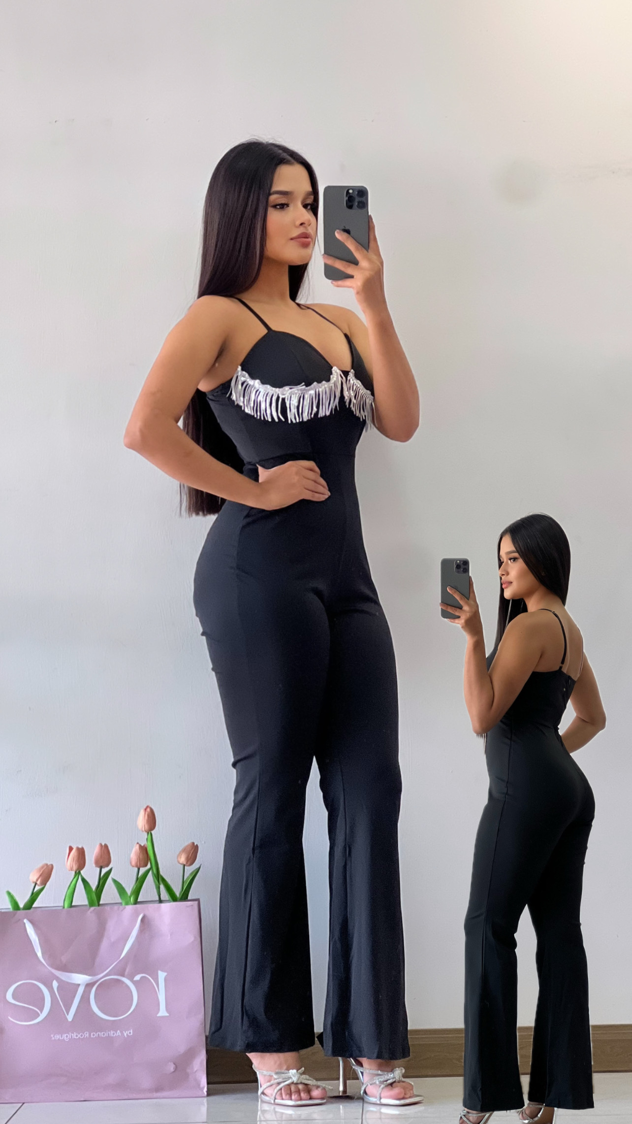 Jumpsuit con flecos plateados - Negro