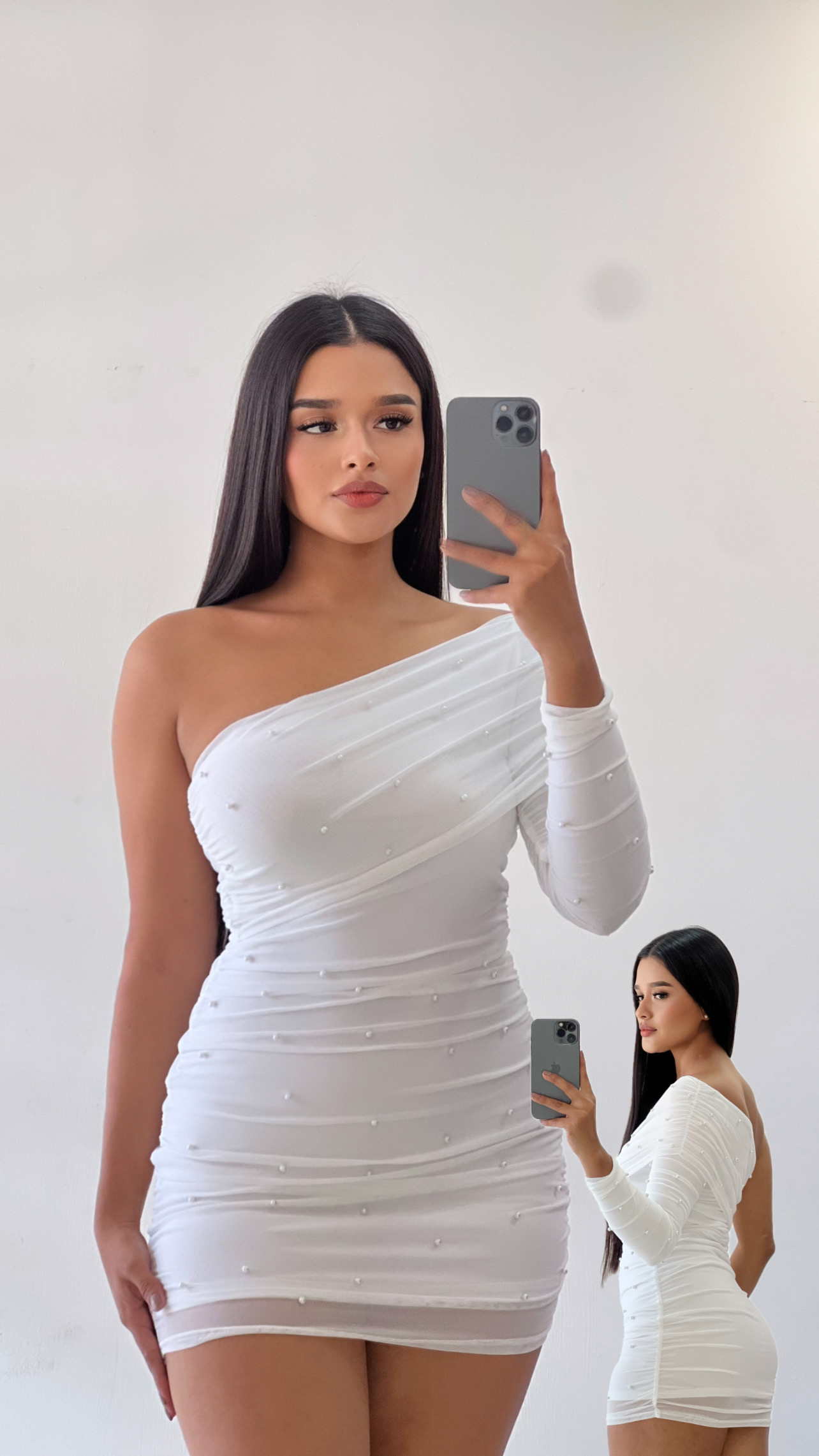 Vestido corto blanco con perla una manga