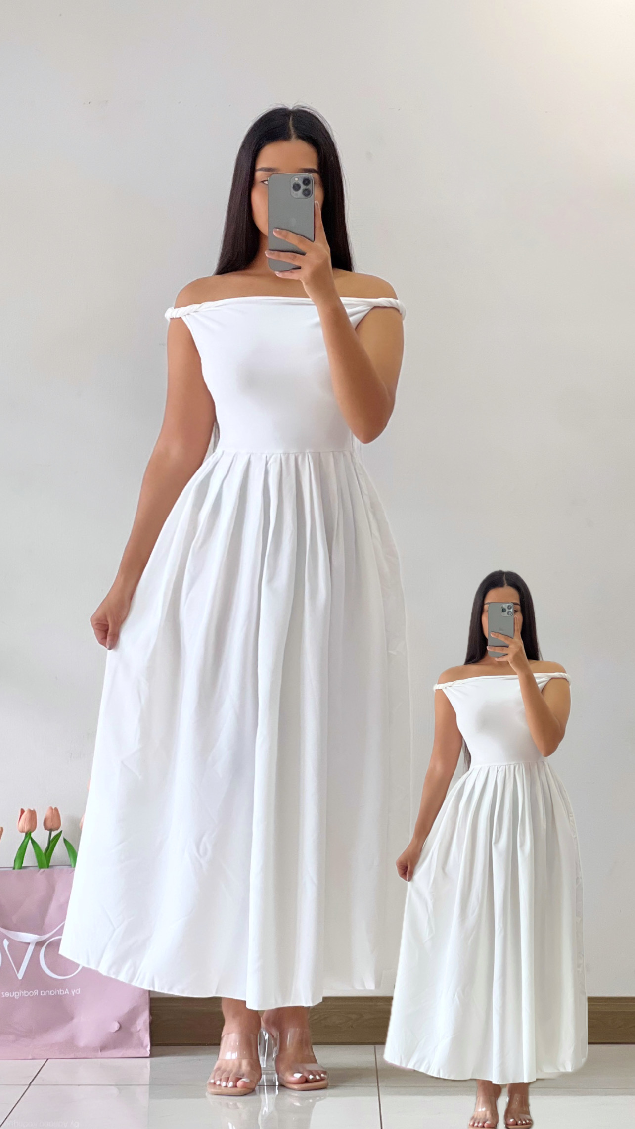 Vestido largo off shoulder de nudos en mangas - Blanco