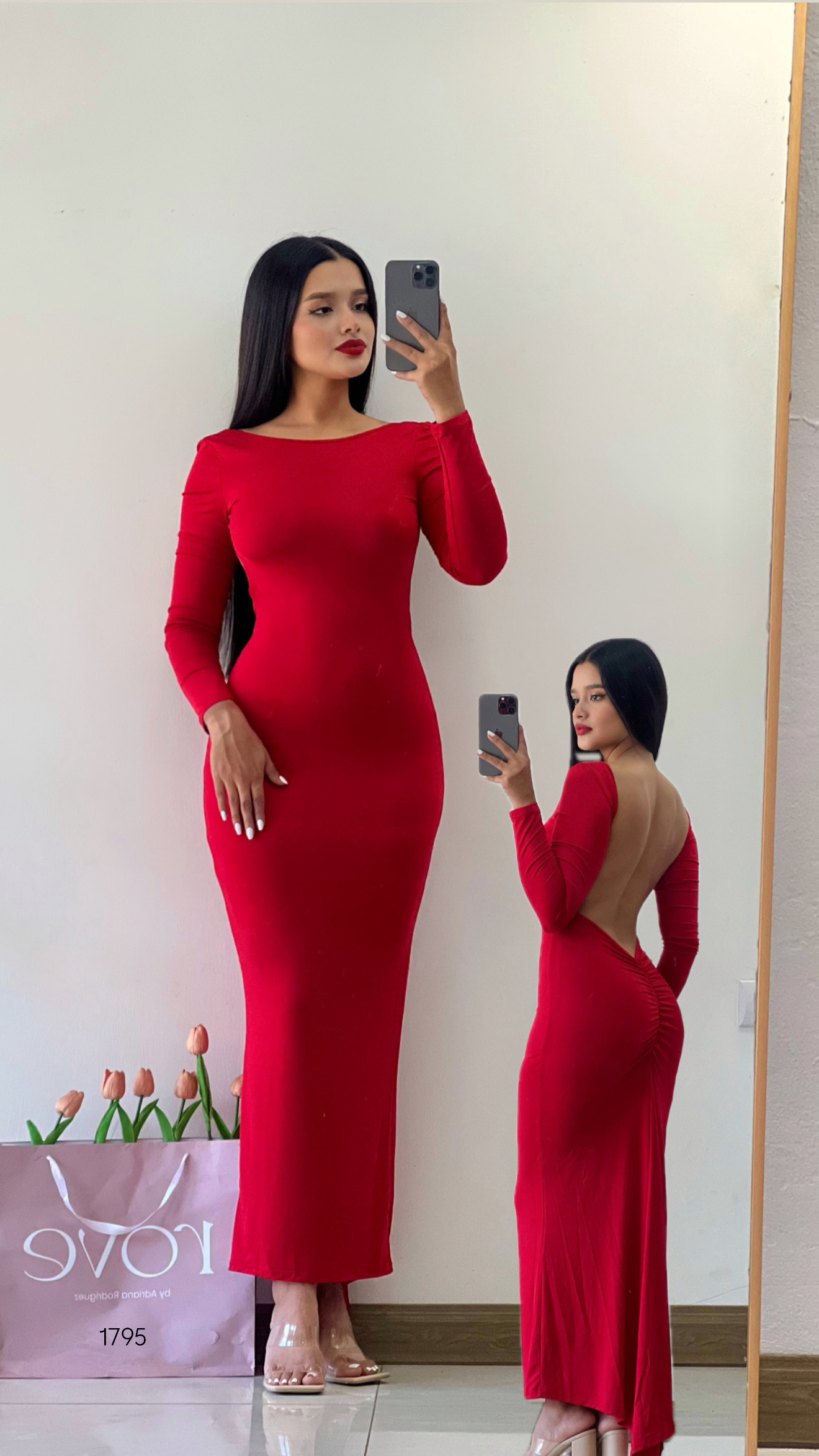 Vestido de gala manga larga espalda v