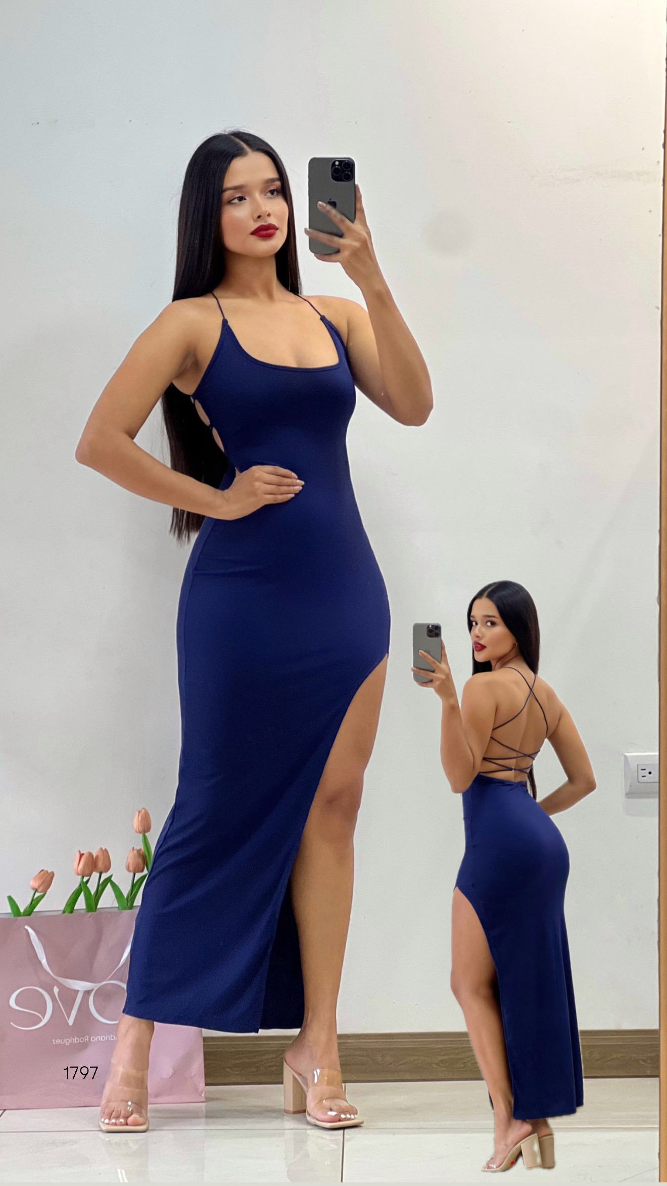 Vestido de gala con aberturas azul osc