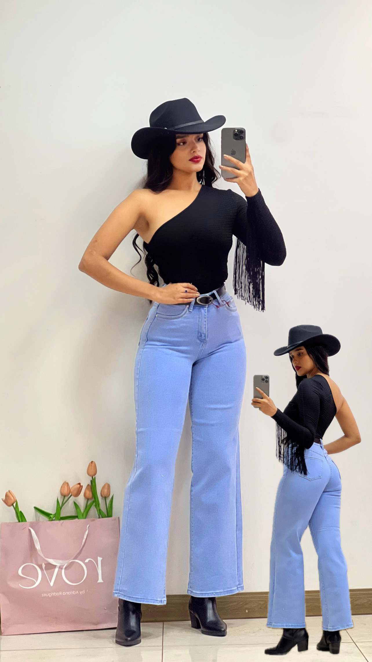 Blusa de una manga con flecos negra