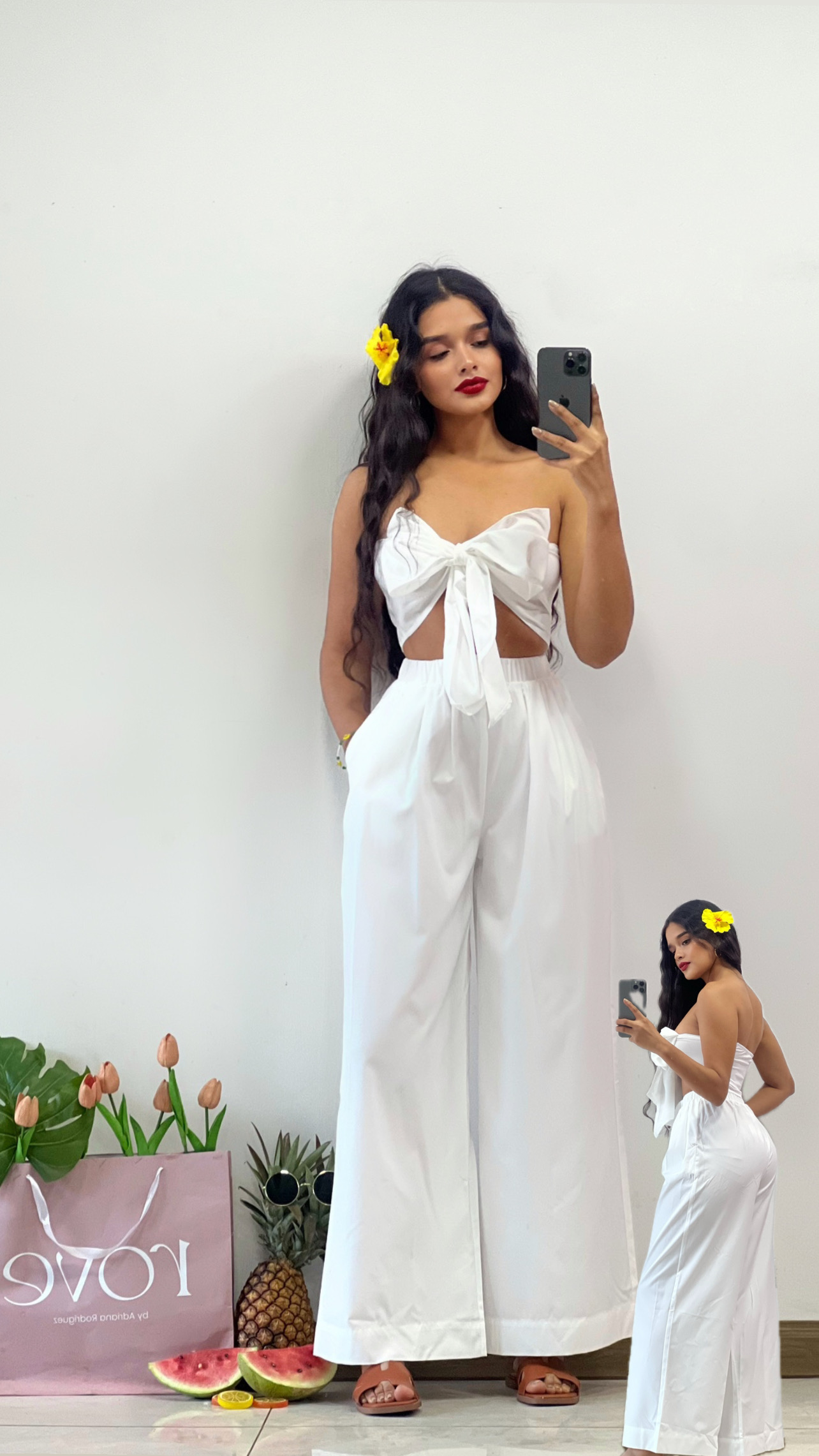 Conjunto de croptop + palazzo blanco