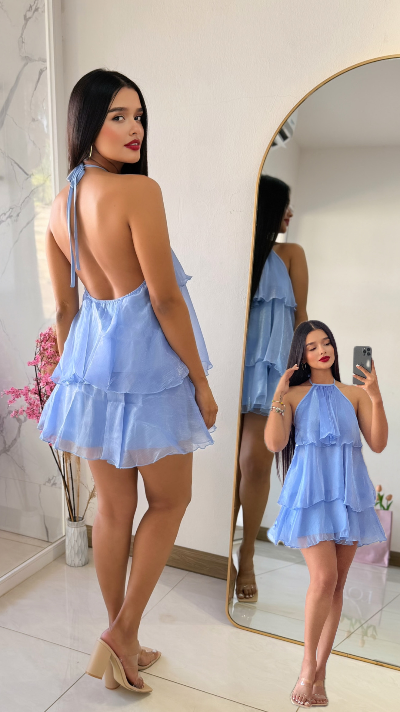 Vestido corto de volantes celeste