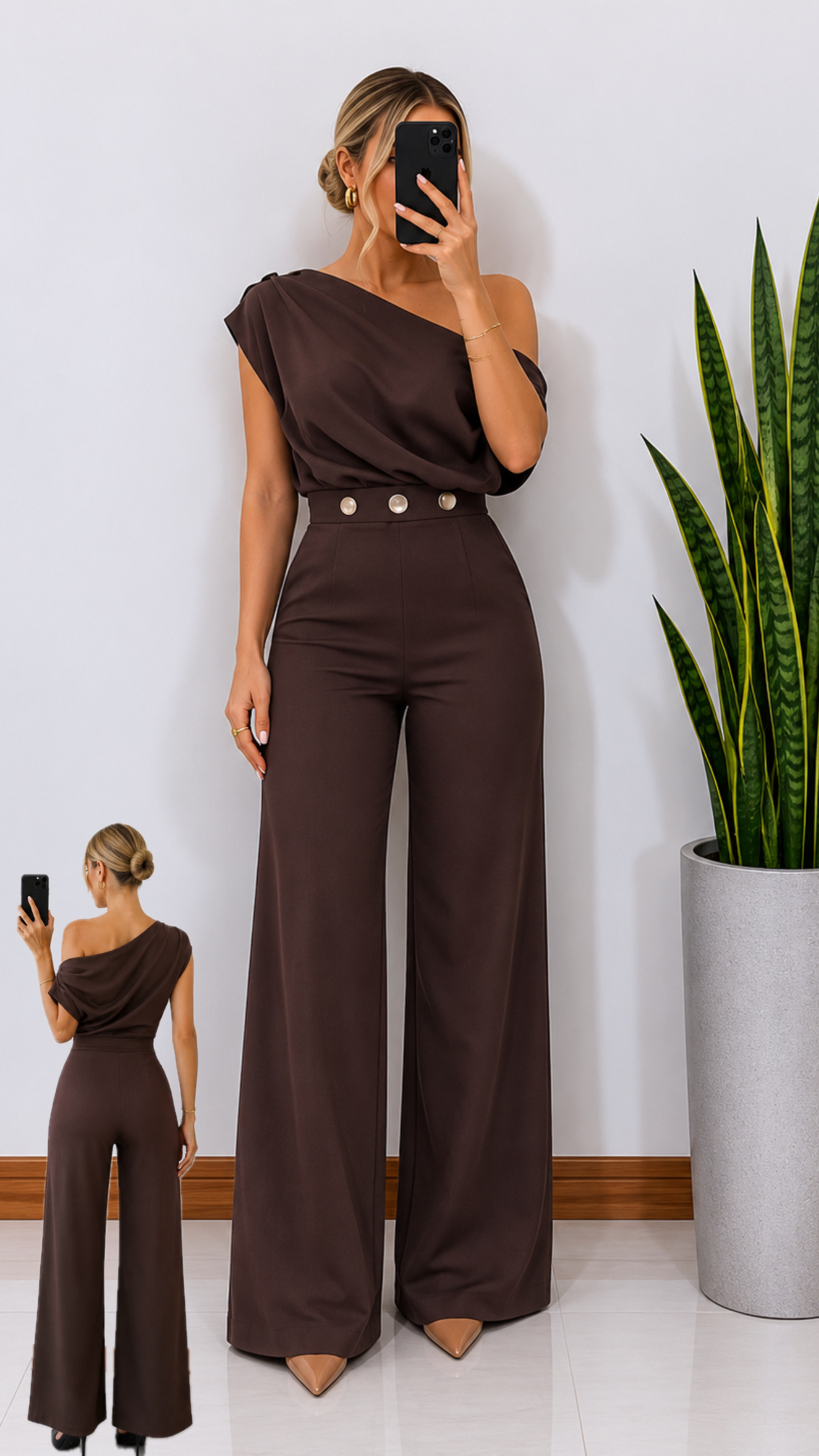 Conjunto de blusa + palazzo café