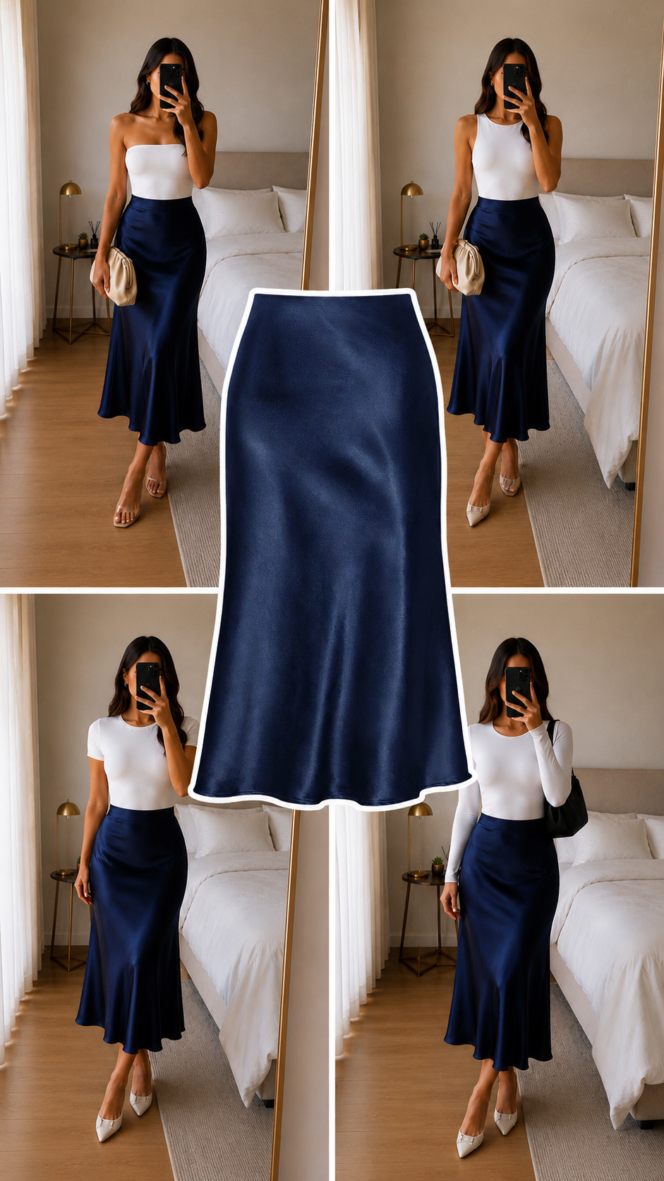Falda midi satén azul navy